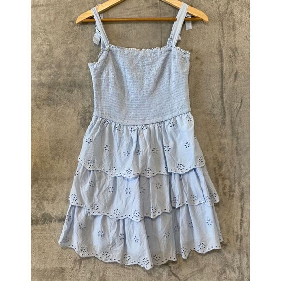 Sincerly Jules Dresses & Skirts - SINCERELY JULES Boho Baby Blue‎ Smocked Tiered Eyelet Dress 100% Cotton Sz L